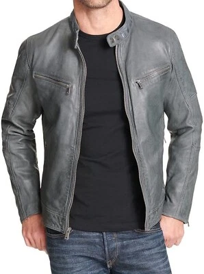 Grey Genuine Leather Cafe Racer Jacket Men's Casual Tasseled Motorcycle Biker - Image 1 of 4