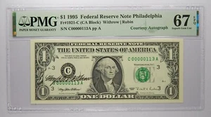 Courtesy Autographed 1995 $1 PMG 67 EPQ Low Serial #00000113 - Picture 1 of 2