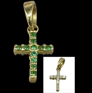 Ciondolo Croce Uomo Donna a due facce Oro Giallo 18kt nuovo con puntiluce verdi. - Foto 1 di 12
