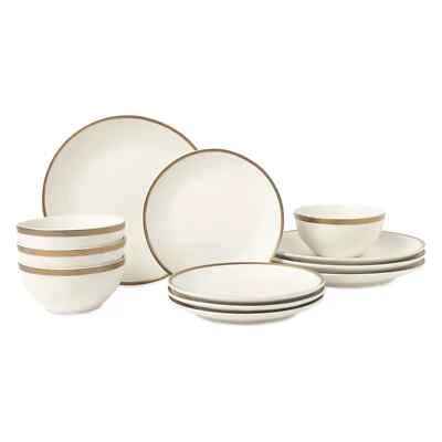 Thyme & Table 12-Pc Stoneware White Dinnerware Set, Gold trim Everest Collection - Image 1 of 4