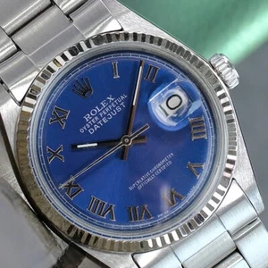 Rolex Datejust 1601 Blue Roman Dial Fluted Bezel Oyster Band Mens 36mm Watch - Picture 1 of 21