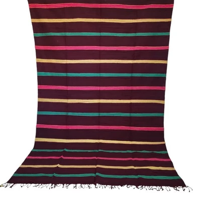 Vintage Handmade Moroccan Brown Rug Pink Green Stripe Berber Tribal Wool Carpet - Image 1 of 4