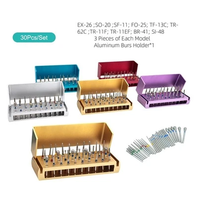 Taladro de fresas de diamante dental 30 piezas + bloque de fresas de desinfección pieza de mano de alta velocidad Foto 1 de 4