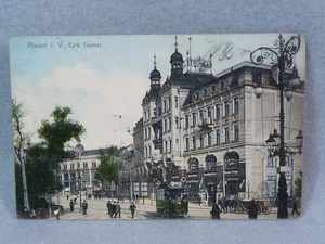 alte AK Plauen Vogtland Cafe Trömel Bahnhofstaße Straßenbahn 1909 antik - Bild 1 von 3