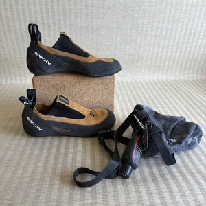 Evolv Rave Climbing Shoes Mens 8.5 Womens 9.5 Golden Yam Suede Slip On Rock Gym - Picture 1 of 24