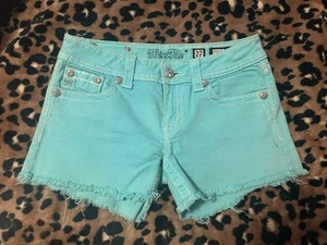 Miss Me Turquoise Jean Shorts Embellished Flap Pocket JP5189H2 Size 27 - Picture 1 of 4