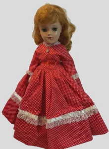 Vintage Hard Plastic Doll Made In USA 14 Inch Open Close Eyes In Red White Dress - Picture 1 of 14