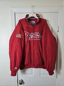Majestic Authentic Phillies Dugout Jacket Mens 2XL 9/11 American Flag Patch - Picture 1 of 3