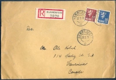 NORUEGA A CANADÁ HAMMERFEST Cancelar en Cubierta Registrada 1939 En muy buen estado Foto 1 de 2