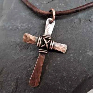 Retro Cross Pendant Necklace, Handcrafted Metal Wire-Wrapped on Artificial Leath - Picture 1 of 4