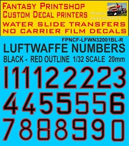 Números de código de la Luftwaffe alemana NEGRO - ROJO CONTORNO CALCOMANÍAS TRANSFERENCIAS 20 mm 1/32 - Imagen 1 de 4