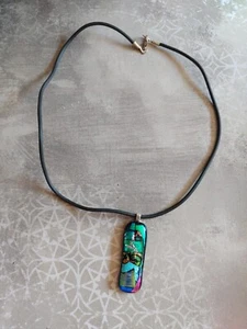 Vintage necklace precious metal foil art glass pendant on neoprene cord 19" - Picture 1 of 6