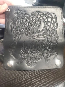 Genuine Leather Men's Biker Long Wallet Trucker Motorcycle  Chain Dragon Design - Picture 1 of 2
