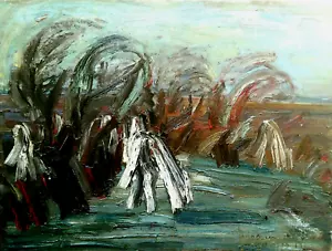 SUPERB ANTIQUE LANDSCAPE PAINTING ABSTRACT ILLEGIBLE SIGN DATE 1950 BEAUTIFUL QUALITY+ - Picture 1 of 3