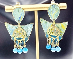 Hand Painted Metal with Colorful Blue Marbling Glass Charms Pierced Earrings - Picture 1 of 23