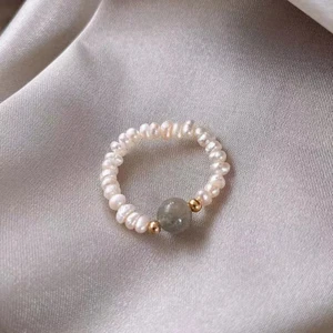 Real Natural White Freshwater Baroque Pearl Labradorite Adjustable Stretch Ring - Picture 1 of 6