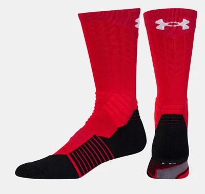 UNDER ARMOUR UA BASKETBALL red with black/gray/WHITE Crew SOCKS LG msrp $ 17.99 - Image 1 of 3
