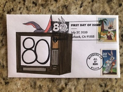 2020 Bugs Bunny FDC Hand Drawn Cachet Vintage TV Rabbit Ears #/1 32c - Image 1 of 2