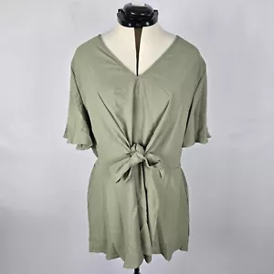 Bloomchic Blouse Women's 2X Green Plain Ruffle Sleeve Knot Front V-Neck NWT - Picture 1 of 14