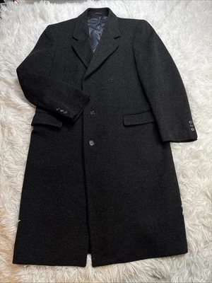 VINTAGE 1990s Made In Brazil Tweed Trench Overcoat Men 42 Black Winter Flaws** - Image 1 of 4