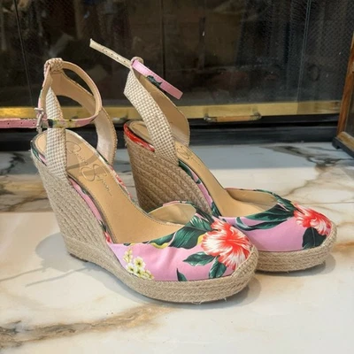 Jessica Simpson Women's Pink Green floral espadrille wedge heel sandals Size 9.5 - Image 1 of 4