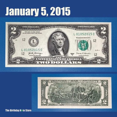 January 5, 2015 Birthday Anniversary $2 Two Dollar Bill Serial Number 01052015 - Image 1 of 2