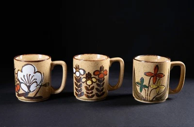 VTG Otagiri 1970s Stoneware mugs set of 3  speckled Japan floral - Image 1 of 4