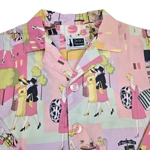 Camisa pijama The Cat's para mujer mediana rosa amarillo estampado gráfico algodón abotonado - Imagen 1 de 20
