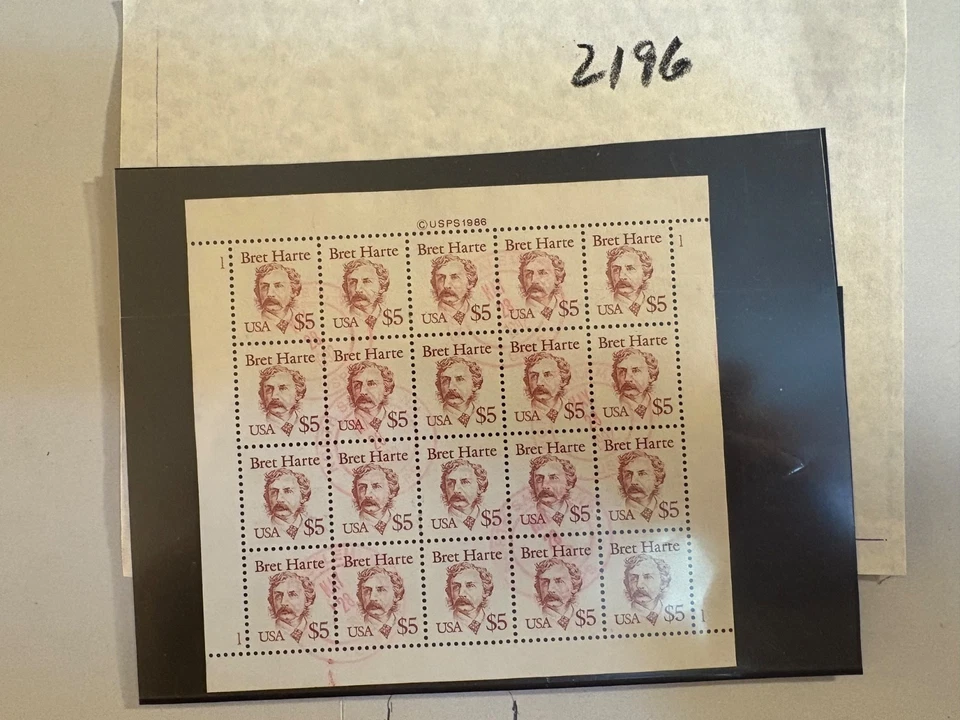 US Stamps, #2196 $5 Harte sheet -  cancelled - Image 1 of 1