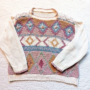 Maglione Y2K ricamato floreale taglia L texture grossa preppy nordico cottagecore  - Foto 1 di 10