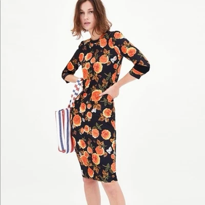Vestido Zara Trafaluc Bodycon Floral Midi Mangas 3/4 Cuello Redondo Talla Pequeña Foto 1 de 4