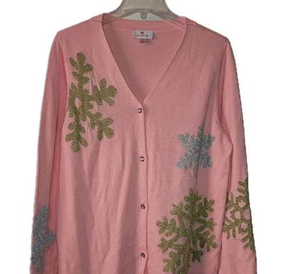 Quacker Factory Womens Sz M Cardigan Sweater Pink Glitte Snowflake Preppy Winter - Image 1 of 4
