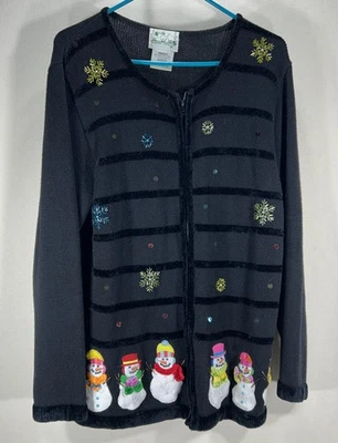 Quacker Factory Women Size M Full Zip Cardigan Sweater Black Snowman Holiday Vtg - Image 1 of 4