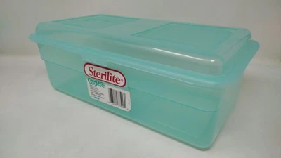 Caja contenedor de almacenamiento de plástico con tapas abatibles Sterilite vintage tinte verde 1998 con bisagras Foto 1 de 4