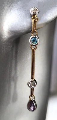 9ct Gold, Diamond, Blue Topaz, And Amethyst Drop Earrings. Ref:xaagd - Image 1 of 4