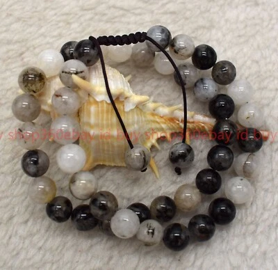 2pcs Natural 6/8/10mm Black Rutilated Quartz Round Gemstone Beads Bracelet 7.5in - Image 1 of 4