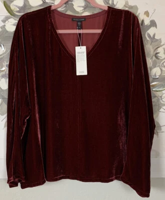 Blusa Eileen Fisher feminina tamanho grande claret profundo veludo gola V manga dolman nova com etiquetas - Imagem 1 de 4