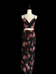 Dressy 2 Piece Black & Peach Floral Halter & Wide Leg Pants - Picture 1 of 5