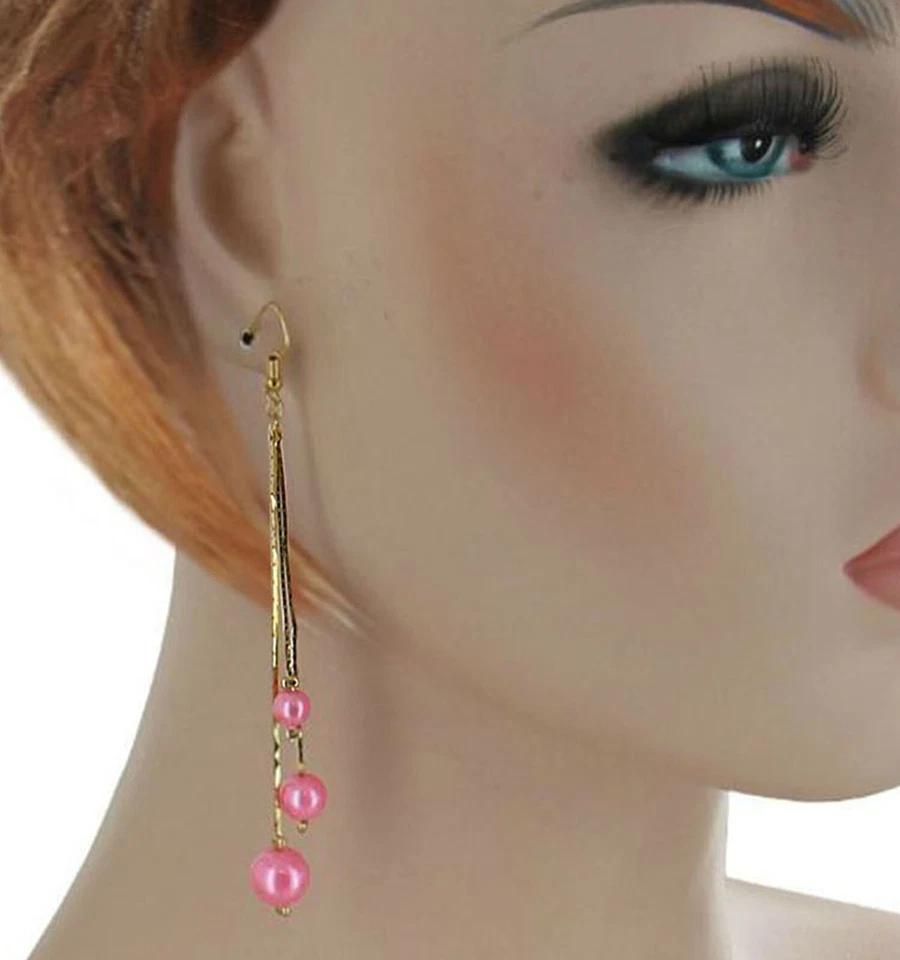 长粉色人造珍珠串珠金链悬垂掸子耳环穿孔 3 7/8 — 第 1/3 张图片