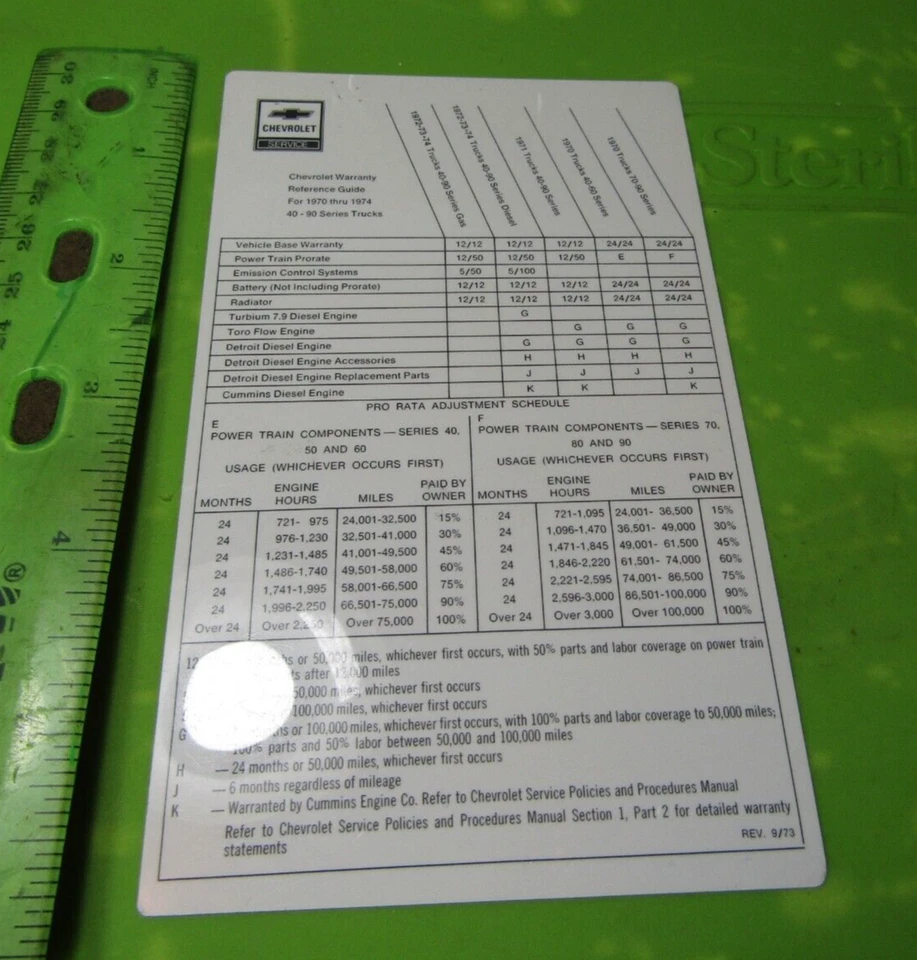 Carta Di Garanzia Del Rivenditore NOS Per Camion Chevrolet Serie 40-90 1970-1974 - Immagine 1 di 1