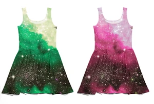 Kinder/Mädchen süß rosa grün Galaxy Space Universe Druck Skaterkleid Größe 5-12 - Bild 1 von 4
