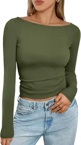 Women'S Boat Neck Tops Long Sleeve Shirts Casual Fitted Tee Shirts Solid Color F - Picture 1 of 12