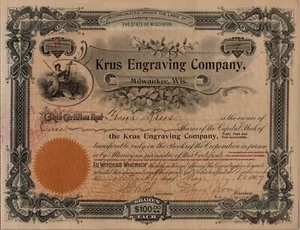 Rare 1907 Krus Engraving Co. Stock Certificate, Wisconsin (Owner's Shares) - Picture 1 of 2