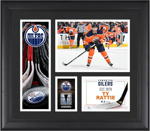 Ty Rattie Edmonton Oilers Frmd 15" x 17" Player Collage & Piece of GU Puck Cover