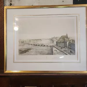 Pequeña y Gran Basilea Mittlere Brucke Suiza Río Rin arte litografía - Imagen 1 de 10