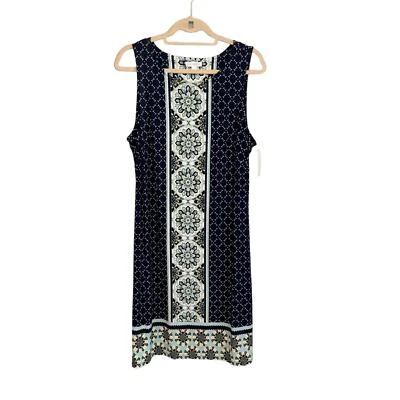 Charter Club Midi Dress L Geometric Sleeveless Stretchy Pullover Blue NWT - Image 1 of 4