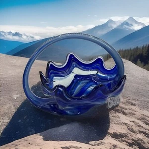 Sooner/Ozark mundgeblasen Kunstglas blau Wirbel Füllhorn/Herzstück Schwan Schale - Bild 1 von 7