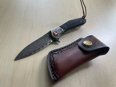 Шарикоподшипник дамасское лезвие карманный нож черная деревянная ручка заказные кожаные ножны - Изображение 1 из 4