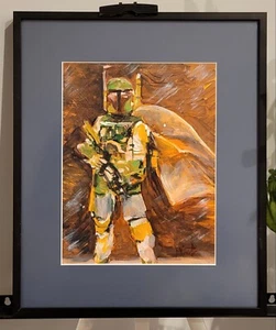 Boba Fett Original Art Painting Framed Ready Hang Star Wars inspired signd Kravt - Picture 1 of 9