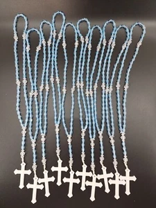 Catholic Prayer Bead Rosary Light Blue Plastic Beads w/ White Cross 10pk - Picture 1 of 3